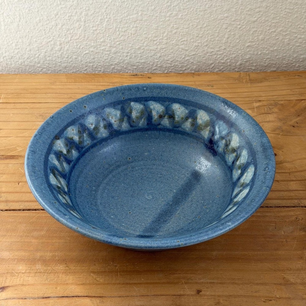 Blue Stoneware Bowl Large Glaze Resist Studio‎ Pottery Signed Handmade Ceramic